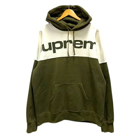 【中古】シュプリーム SUPREME 17AW BLOCKED HOODED SWEAT SHIRT パーカー フーディ コットン ロゴプリント 裏起毛 長袖 XL 緑 グリーン レディース 【ベクトル 古着】 260715