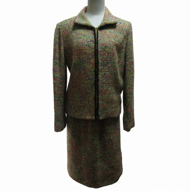 【中古】ハナエモリ HANAE MORI 美品 セットアップ スカートスーツ ツイードジャケット ブルゾン 総柄 モヘア混 マルチカラー 黄 イエ..