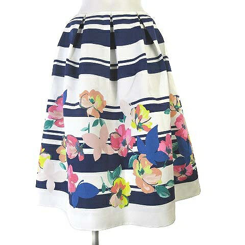 【中古】未使用品 チェスティ Chesty タグ付き スカート 花柄 ボーダー タック ひざ丈 フレア 白 ホワイト 1 S位 レディース 【ベクトル 古着】 241015