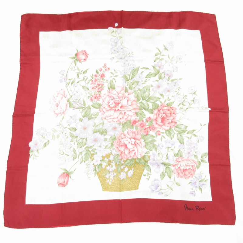 【中古】ニナリッチ NINA RICCI 大判スカーフ チーフ 花柄 絹 シルク 赤 レッド 白 ホワイト /GV ■GY14 レディース 【ベクトル 古着】 250314