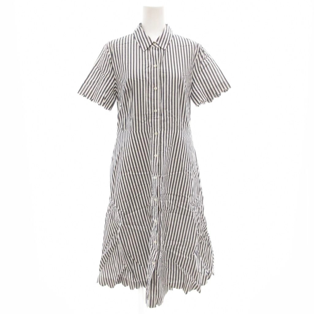 【中古】バナナリパブリック BANANA REPUBLIC ストライプシャツワンピース 半袖 ひざ丈 スカラップスリ..