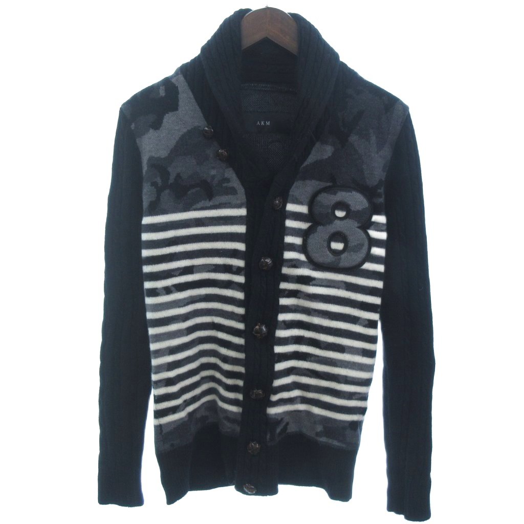 【中古】エーケーエム AKM ショールカラー ニット カーディガン ワッペン ボーダー カモフラ K054 グレ..