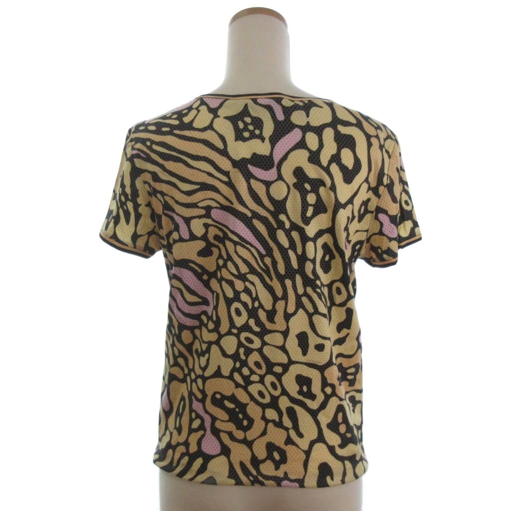 【中古】レオナール LEONARD Vネック カットソー 半袖 総柄 ブラック イエロー系 L ■ECT レディース 【ベクトル 古着】 260117