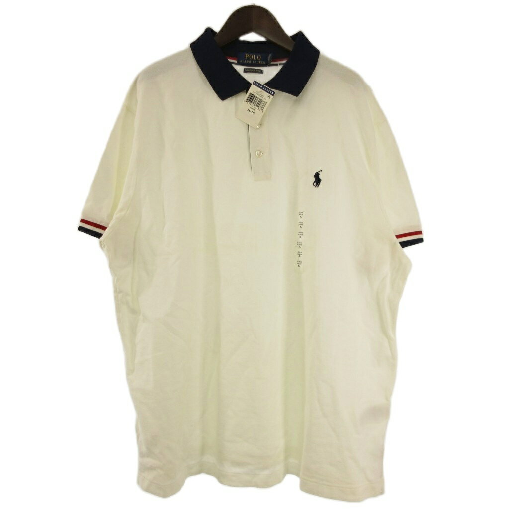 【中古】未使用品 ポロ ラルフローレン POLO RALPH LAUREN CUSTOM SLIM FIT タグ付き ポロシャツ 半袖 ロゴ刺繍 トリコカラー コットン 白 ホワイト XL 大きいサイズ メンズ 【ベクトル 古着】 260308