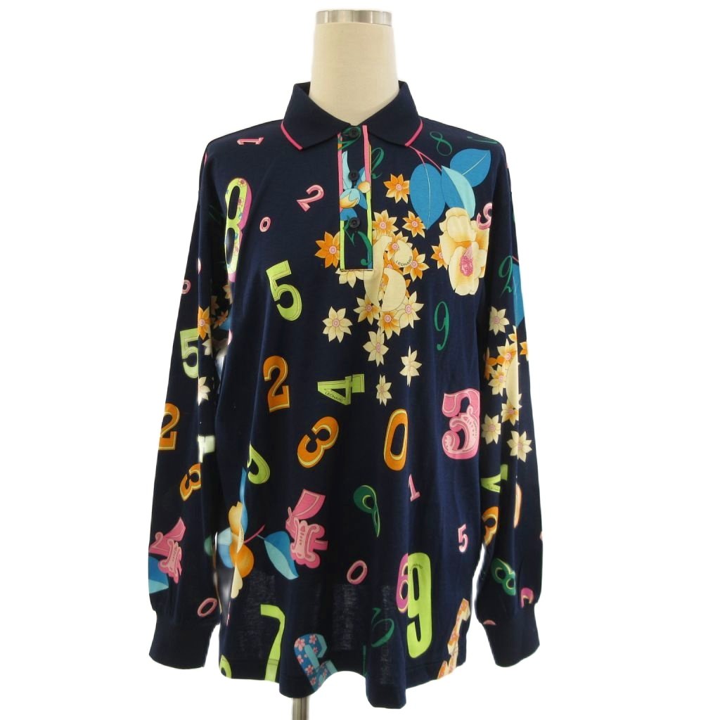 【中古】レオナールスポーツ LEONARD SPORT ポロシャツ カットソー 長袖 花柄 総柄 ネイビー L ■GY09 レディース 【ベクトル 古着】 260730