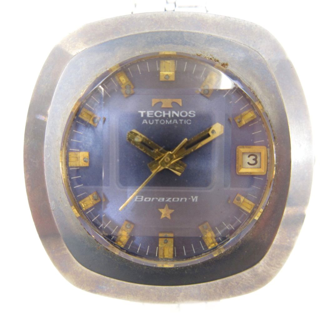 【中古】テクノス TECHNOS Borazon-VI ボラゾン 腕時計 自動巻き デイト パープル文字盤 カットガラス シルバーカラー メンズ 【ベクトル 古着】 260927