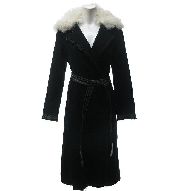 【中古】ヘルムートラング HELMUT LANG ラムファー ベルテッド ロングコート ジャケット ウールカシミヤ レザーベルト 黒 ブラック XSサイズ 1020 レディース 【ベクトル 古着】 241021