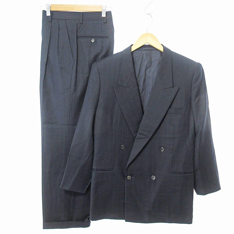 【中古】ルチアーノバルベラ LUCIANO BARBERA 美品 セットアップ ダブル スーツ ストライプ ウール 46 紺 ネイビー 0227 IBO65 メンズ 【ベクトル 古着】 250227
