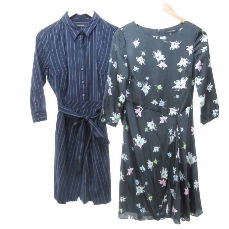 【中古】バナナリパブリック BANANA REPUBLIC ワンピース 2点セット おまとめ ロング ベルト付き ストライプ 花柄 紺 ネイビー 黒 ブラック ...