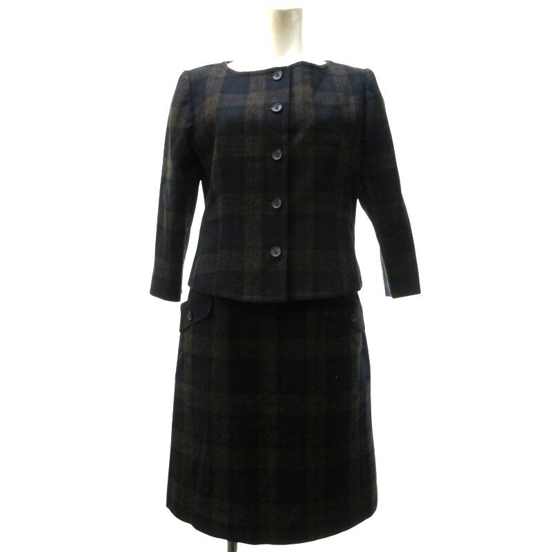 【中古】ヨークランド YORKLAND チェック セットアップ スーツ 上下 ノーカラージャケット タイトスカート ウール 紺 ネイビー 茶 ブラウン 約M
