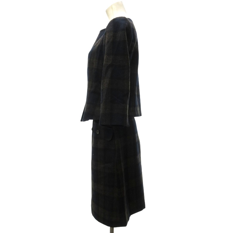 【中古】ヨークランド YORKLAND チェック セットアップ スーツ 上下 ノーカラージャケット タイトスカート ウール 紺 ネイビー 茶 ブラウン 約M