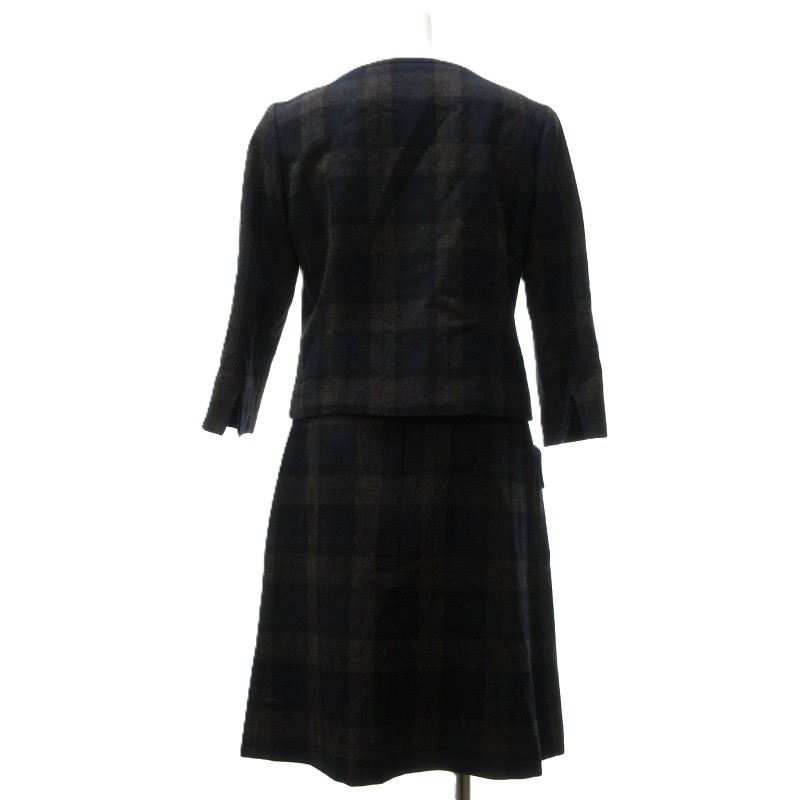 【中古】ヨークランド YORKLAND チェック セットアップ スーツ 上下 ノーカラージャケット タイトスカート ウール 紺 ネイビー 茶 ブラウン 約M