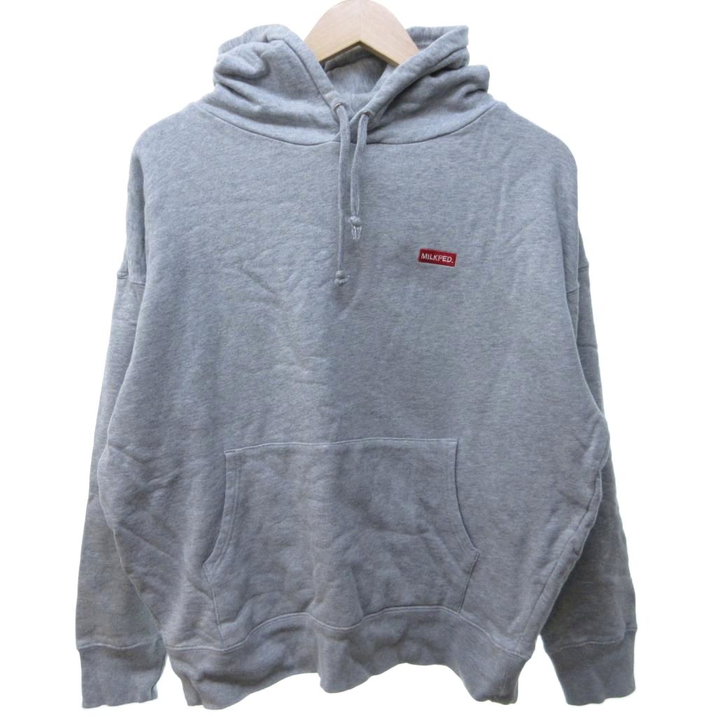 【中古】ミルクフェド MILKFED. 美品 パーカー フーディー スウェット 長袖 ロゴ刺繍 グレー ワンサイズ