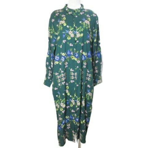 【中古】スーパーハッカ SUPER HAKKA シャツワンピース ロング 花柄 長袖 バンドカラー コットン レーヨン 緑 グリーン /X レディース 【ベクトル 古着】 251020