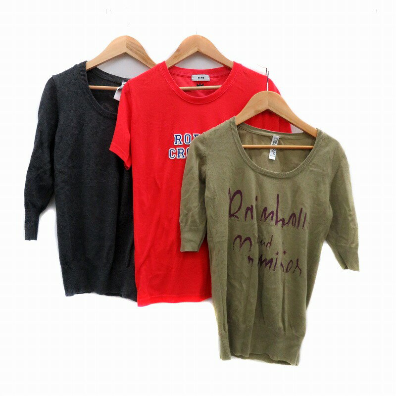 【中古】ロデオクラウンズ Rodeo Crowns ニット カットソー Tシャツ ラウンドネック 半袖 七分袖 プリ..