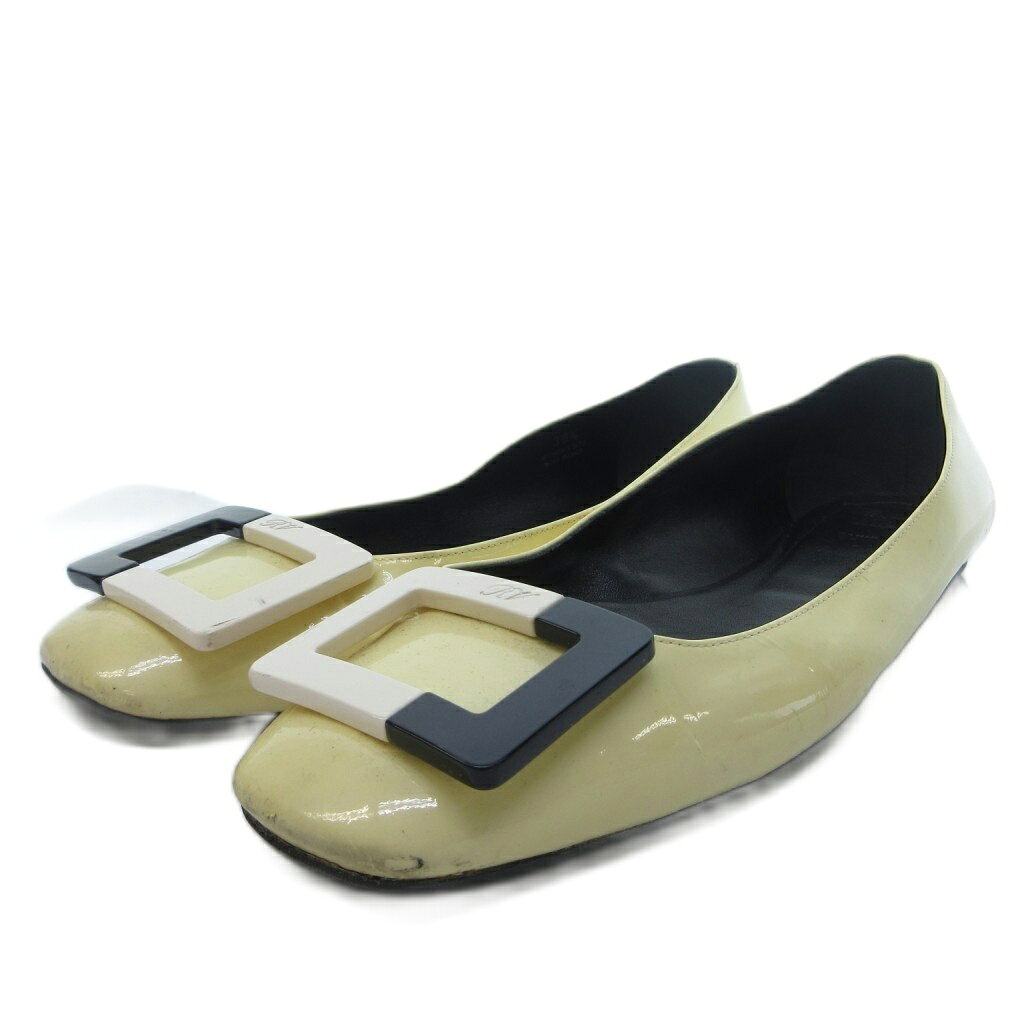 【中古】ロジェヴィヴィエ ROGER VIVIER バレリーナ パンプス フラットシューズ スクエアバックル スクエアトゥ 38 1/2 黄色 イエロー /HW IBO95 レディース 【ベクトル 古着】 260508