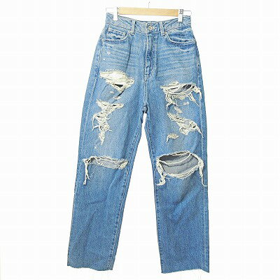 【中古】ジーナシス JEANASIS 近年モデル ストレート クラッシュ デニムパンツ ジーンズ ジーパン ダメージ加工 カットオフ インディゴ S 0321 レディース 【ベクトル 古着】 240321