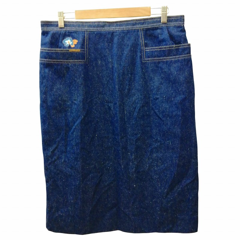 【中古】レオナール LEONARD FASHION デニムスカート ひざ丈 刺繍 ロゴ シルク 絹 インディゴ 84-102 約XL ■GY09 レディース 【ベクトル 古着】 241117