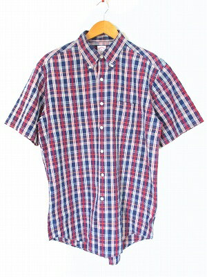 【中古】ブルックスブラザーズ BROOKS BROTHERS ボタンダウンシャツ 半袖 チェック シアサッカー素材 ネイビー M メンズ 【ベクトル 古着】 230609