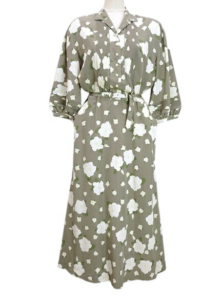 【中古】インゲボルグ INGEBORG ワンピース フラワー プリント パールボタン グレー系 ピンタック ベルト付き レディース 【ベクトル 古着】 250804