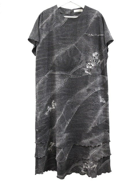 詩仙堂 フラワー 蝶々柄 ちりめん フレアーチュニック ミニワンピース ブラック 詩仙堂 フラワー 蝶々柄 ちりめん フレアーチュニック ミニ