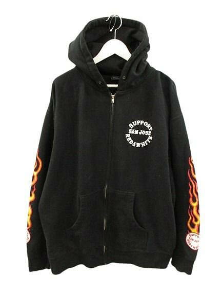 【中古】ヘルズエンジェルス サポート ジップ パーカー HELLS ANGELS RED&WHITE SAN JOSE XL 黒 ブラック フレイムス 袖プリ メンズ 【ベクトル 古着】 260311