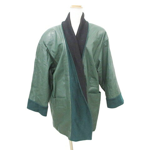 【中古】美品 MONDRIAN．モンドリアン レザー コート コーディガン 羽織 長袖 ニット切替 牛革 ワンサ..