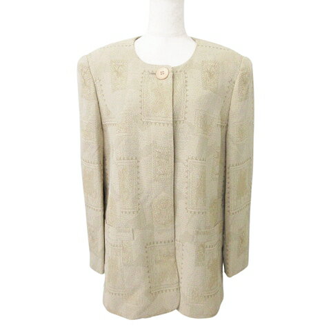 【中古】美品 remalon レマロン 総柄 ノーカラー ジャケット 羽織 薄手 ワンサイズ ベージュ ■GY99 レディース 【ベクトル 古着】 241212