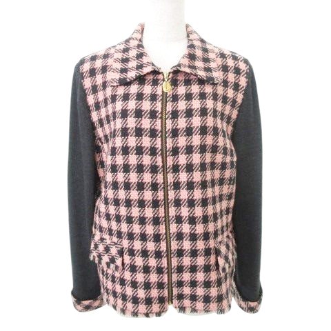 【中古】美品 レマロン ツイード ジップアップ チェック ウール ジャケット 厚手 約L〜XLサイズ ピンク ■GY99 レディース 【ベクトル 古着】 241212