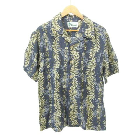 【中古】美品 Boom ブーム アロハシャツ 半袖 フラワー 花柄 薄手 Mサイズ 紺 ネイビー ■MET1 メンズ ..
