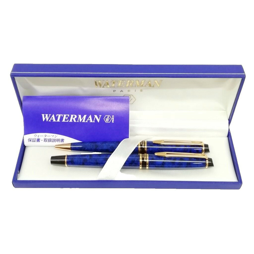 【中古】ウォーターマン Waterman 万年筆 ボールペン 2本セット マーブル ブルー 美品 【ベクトル 古着】 250911