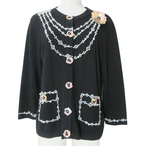【中古】BEREK takako sakon ニット カーディガン ビーズ スパンコール ビジュー 7分袖 クルーネック レーヨン コットン S 黒 ブラック X レディース 【ベクトル 古着】 250322