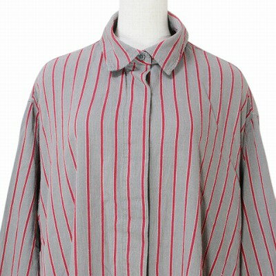 【中古】フリークスストア FREAKS STORE 美品 ストライプシャツワンピース ロング 長袖 比翼仕立て グレー レッド フリーサイズ X レディース 【ベクトル 古着】 250417
