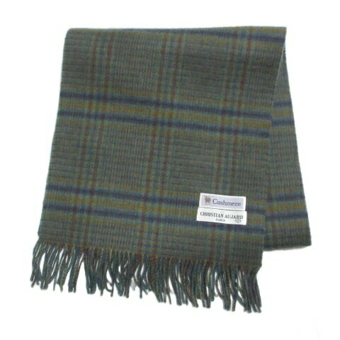 【中古】クリスチャンオジャール CHRISTIAN AUJARD 美品 カシミヤマフラー チェック フリンジ グリーン..