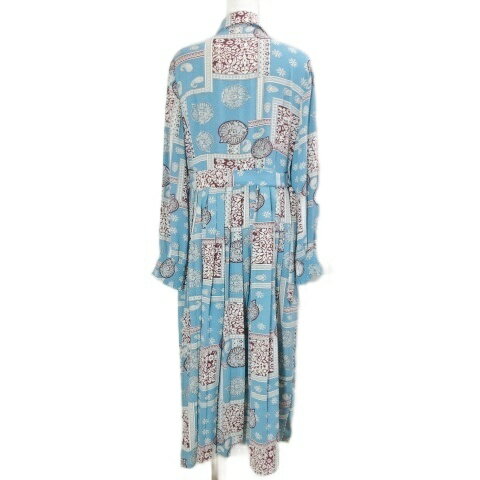 【中古】FRENCH PAVE フレンチパヴェ 美品 総柄ワンピース ロング 長袖 プリーツ ベルト付き ブルー系 X レディース 【ベクトル 古着】 250901