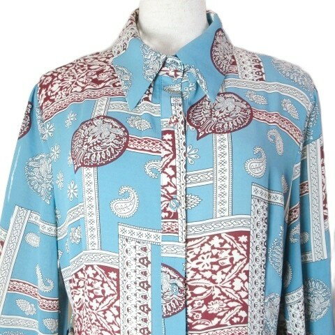 【中古】FRENCH PAVE フレンチパヴェ 美品 総柄ワンピース ロング 長袖 プリーツ ベルト付き ブルー系 X レディース 【ベクトル 古着】 250901