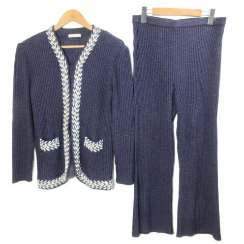 【中古】永野敦子 Atsuko Nagano ニットセットアップ ビジュー ジャケット ロングパンツ 紫 パープル X..