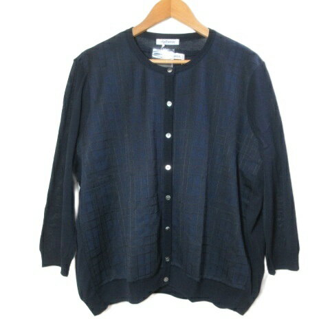 【中古】ニューヨーカー NEWYORKER 大きいサイズ アンサンブルニットカーディガン プルオーバー チェックジャガード 半袖 7分袖 薄手 スクエアネック クルーネック 23 7L相当 紺 ネイビー /X レディース 【ベクトル 古着】 251122