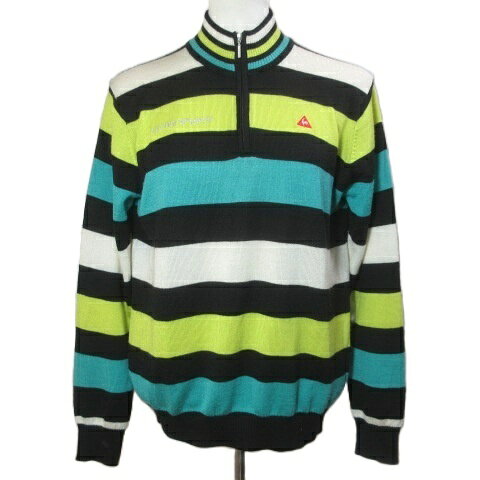 【中古】ルコックスポルティフ le coq sportif GOLF COLLECTION ニット セーター ハーフジップ ハイネック 長袖 ゴルフウェア ボーダー 刺? ウール混 M 黒 白 黄 緑 /X レディース 【ベクトル 古着】 260428