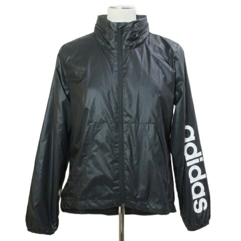 アディダス adidas 18AW WOMEN'S LINEAR WINDBREAKER ウインドブレーカー ジップアップ インフード スポーツウェア ロゴ プリント 裏メッシュスタンドカラー M 黒 ブラック BR1096 /X レディース  260703