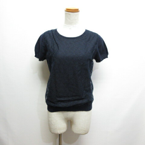 【中古】アースミュージック&エコロジー EARTH MUSIC & ECOLOGY レース切替え 半袖 ニット カットソー S ネイビー レディース 【ベクトル 古着】 250513