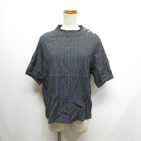 【中古】エレンカーレデュエ ELENCARE DUE 五分袖 ジャガード ブラウス F チャコールグレー フリルネック プルオーバー レディース 【ベクトル 古着】 250602