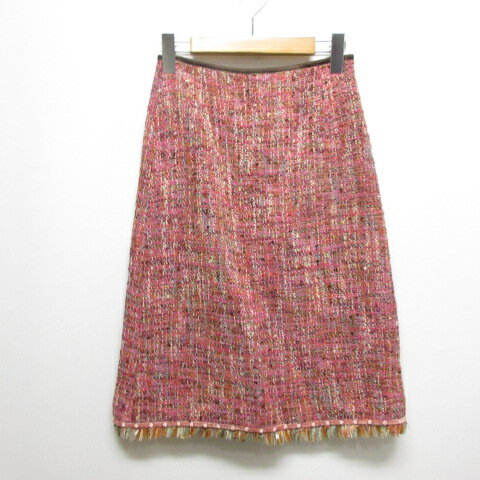 【中古】未使用品 ミックスガール mixgirl ツイード フリンジ スカート 38 ピンク ウール混 裏地付き オンワード樫山 タグ付き レディース 【ベクトル 古着】 250924(4)
