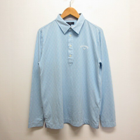 【中古】キャロウェイ CALLAWAY 美品 ゴルフウェア 長袖 ポロシャツ L ブルー ダイヤチェック柄 ポリエ..