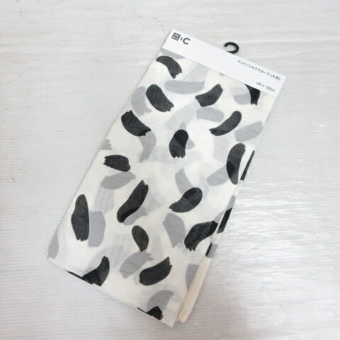 【中古】未使用品 ユニクロ UNIQLO : C コットン シルク 大判 スカーフ 120x120cm オフホワイト 総柄 ..