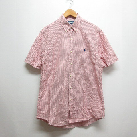 【中古】ラルフローレン RALPH LAUREN CUSTOM FIT ストライプ柄 シアサッカー 半袖 シャツ M 赤白 ボタンダウン 正規品 メンズ 【ベクトル 古着】 260622