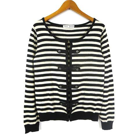 【中古】ビス ViS カーディガン ニット ナポレオン ボーダー ラメ ウール 長袖 M 黒 ブラック オフ白 アイボリー ゴールド レディース 【ベクトル 古着】 231106(4)