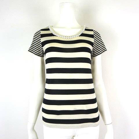 【中古】リエス Liesse カットソー ボーダー パール 装飾 半袖 M オフ白 アイボリー 黒 ブラック レディース 【ベクトル 古着】 240708