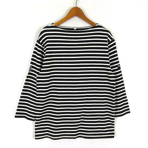 【中古】CAFE SWEETS PARADISE カットソー バスクシャツ ボーダー柄 ボートネック コットン ロゴ ワッペン 7分袖 M 黒 ブラック 白 ホワイト レディース 【ベクトル 古着】 250313