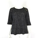 【中古】ハナハナ hanahana ニット サマーセーター 透かし編み ボタン装飾 ロールアップ袖 7分袖 M-L 杢ブラック ベージュ レディース 【ベクトル...